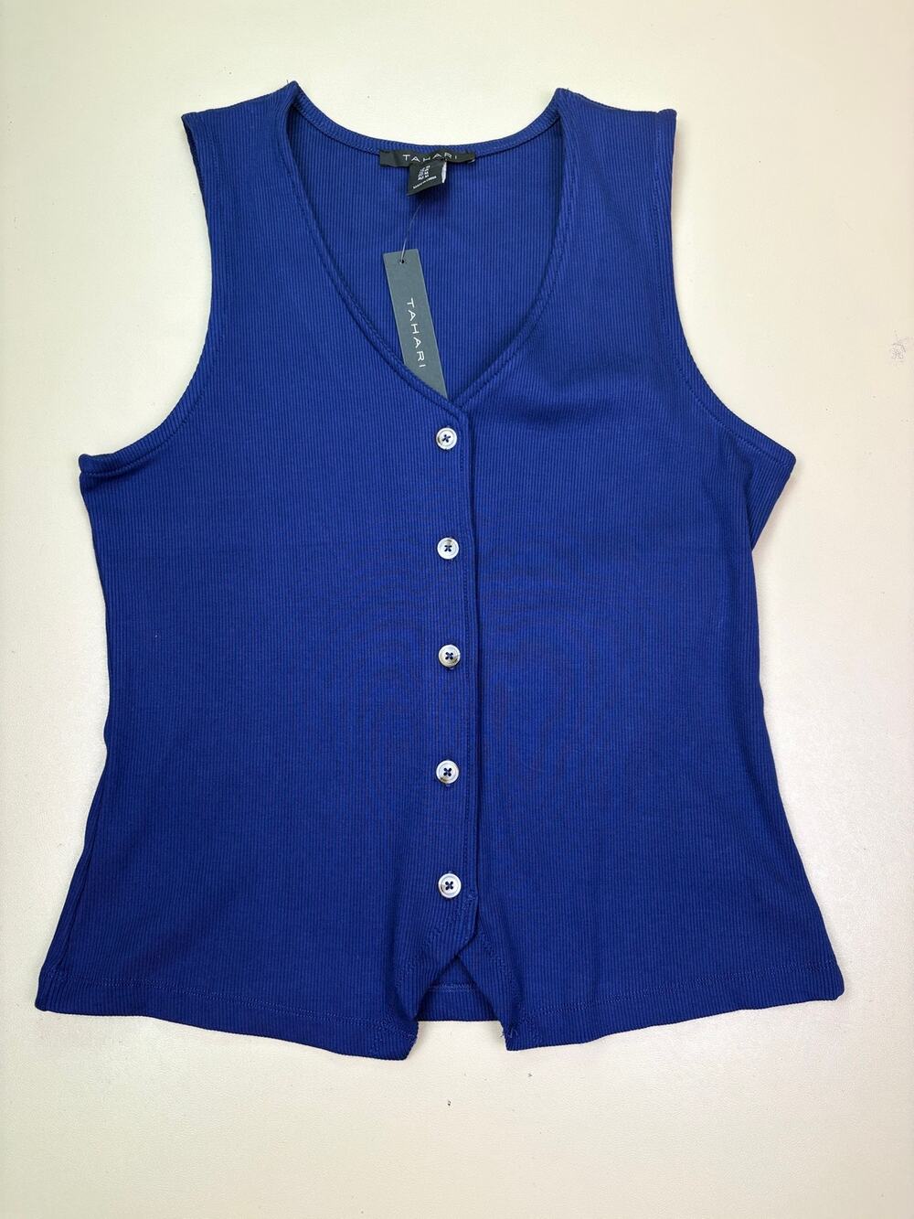 Tahari Women’s Medium Blue Ribbed Button Front Sleeveless Tank Top NWT